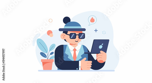 Person in hat and glasses using laptop, plant in pot, abstract shapes