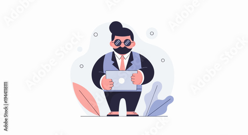Stylized businessman with mustache and spectacles holding laptop, against abstract shapes and plants