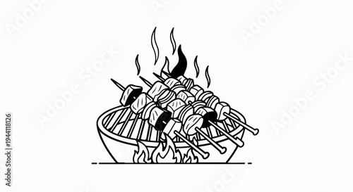 Close-up illustration of meat skewers cooking over an open grill fire