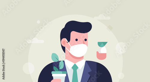 Businessman in mask with plant and science beaker