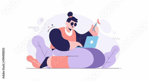 Person working on laptop, holding a sausage and fork, surrounded by abstract shapes