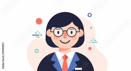 Cheerful person in suit and glasses, with abstract decorative elements