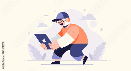 Cheerful elder in cap and glasses joyfully uses a tablet device