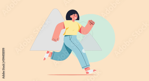 Energetic person running with abstract geometric shapes in background