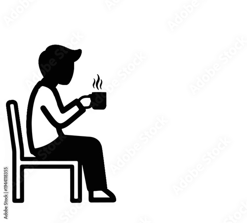 Silhouette of a person seated on a chair, holding a steaming mug