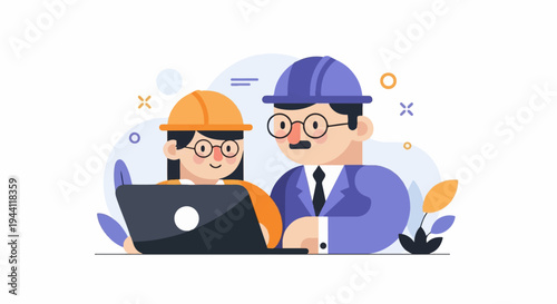 Two cartoon figures in hard hats collaborating over a laptop