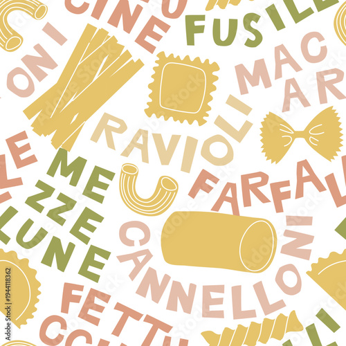 The vector seamless pattern with different types of italian pasta. Seamless pattern with pasta and macaroni, various shapes and types. Hand-drawn vector illustration in cute trendy style.