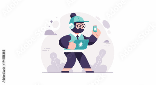 Stylized person in cap, headphones, holding tablet and phone