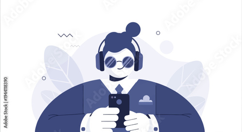 Stylized illustration of a person with headphones and sunglasses holding a phone