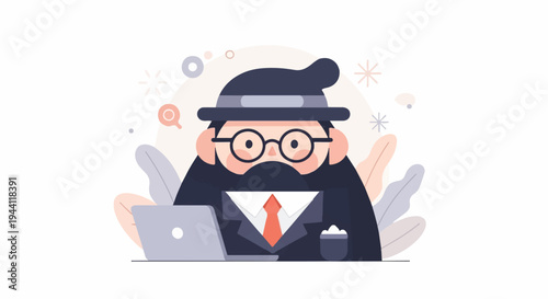 Character in suit with hat and glasses sits at laptop