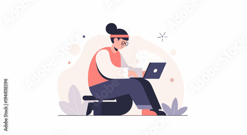 A person wearing glasses and a headband works on a laptop