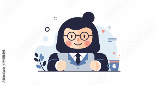 Stylized person wearing glasses and a suit with a beverage