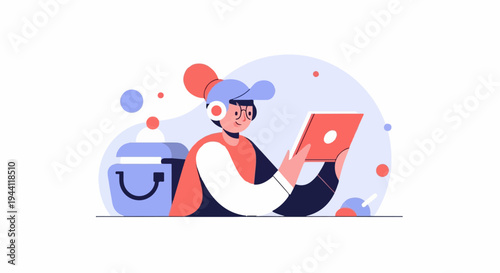 Person in cap and headphones using a tablet, with a bag nearby