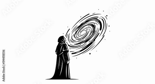 Cloaked figure gazes up at a swirling cosmic vortex