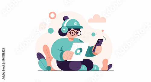 Person with headphones, glasses, and hat holds paper and phone