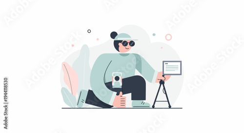 Person with camera and tripod, plants, minimalist style