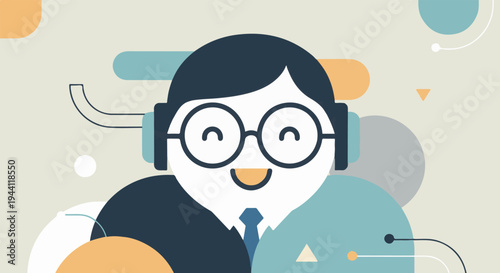 Cheerful cartoon person with headphones and glasses, abstract background