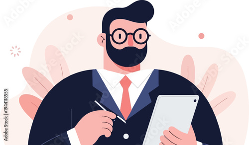 Stylized illustration of a bearded man in a suit holding a tablet