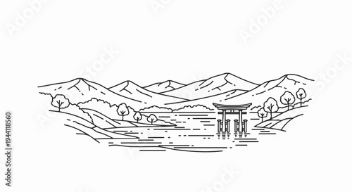 Stylized Japanese torii gate and landscape with mountains and water