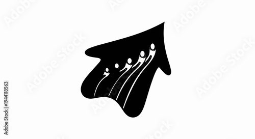Abstract black and white graphic with upward flowing, dynamic, interconnected figures