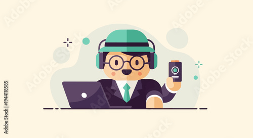 Cartoon character in hat and headphones with laptop and phone