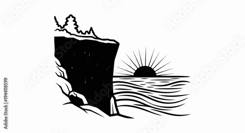 Stylized cliff overlooks ocean waves with a radiant sunset