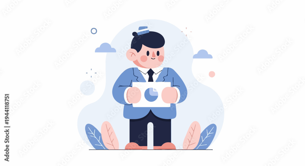 Obraz premium Cheerful cartoon person in suit holding chart