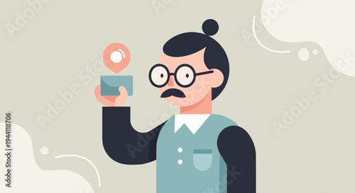 Man with bun hairstyle and mustache holding a blue card with a location pin
