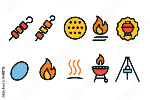 Barbecue, grill outline icon set. Bbq, cooking, fire, food, meat icons collection