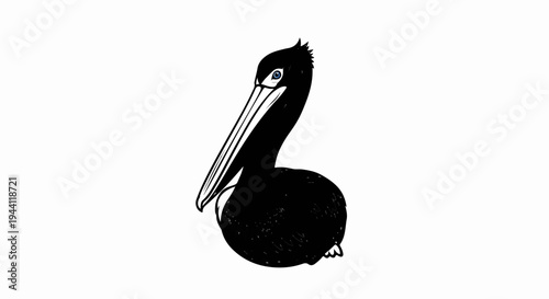 Black pelican with a long beak and blue eye on a white background