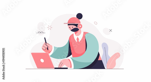 Person wearing mask and cap working on laptop, digital art style