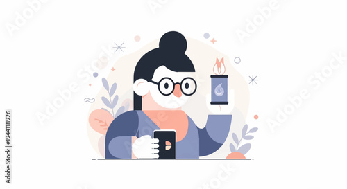 Stylized character holds a lit lantern and phone amidst abstract floral elements