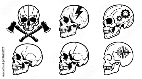 Creative human skull vector collection in side profile view featuring unique graphic elements like crossed axes, lightning bolt, steampunk gears, and compass for tattoo logo design.