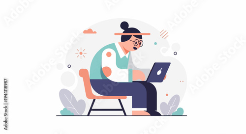 Cartoon person with bun hairstyle and glasses working on a laptop