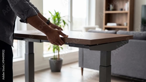 Male individual adjusts height of wooden tabletop on a modern standing desk in a bright living room with plants and contemporary furniture visible in the background