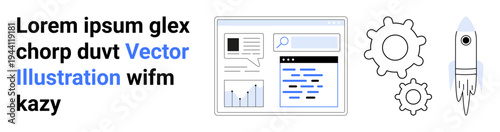 Business strategy, project management, startup planning, technology development, website design, data visualization. A dashboard with charts, gears and a rocket. Business and technology development