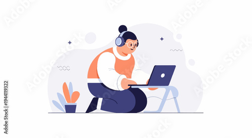 Stylized person with headphones and glasses on laptop amidst abstract shapes