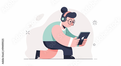 Person in headphones looking at tablet, stylized background with abstract shapes