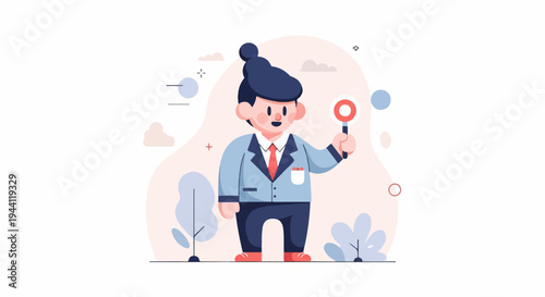 Cartoon figure in suit and tie holding a red and white sign