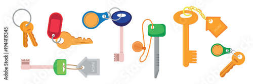 Set of beautiful bunches of house keys in cartoon style. Vector illustration of different golden, silver apartment keys, intercom key fob, house shaped key rings isolated on white background.