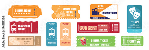 Set of horizontal, vertical tickets in cartoon style. Vector illustration of different ticket designs with dates, times, numbers: cinema, theater, concert, transport isolated on white background.