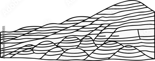 Stylized contour lines depict rolling hills and rounded mounds on a landscape