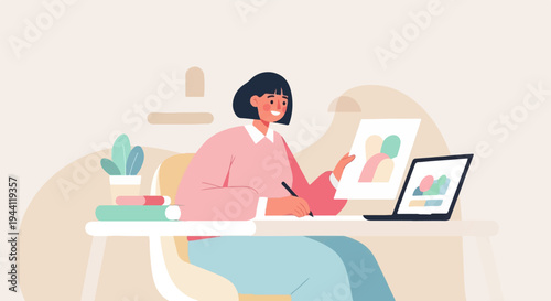 Artistic person working on a creative project with a laptop and sketches