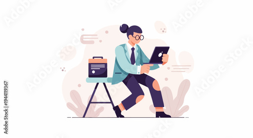 Professional in glasses on stool with laptop and briefcase