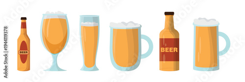 Set of beer drinks in cartoon style. Vector illustration of different shapes of beer bottles with labels, inscriptions, glasses with and without handles, beer foam isolated on white background.