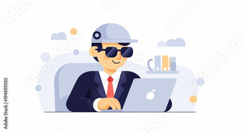 A person in a suit and hat uses a laptop near a shelf with binders