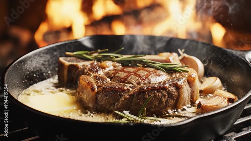 Juicy steak cooking in a cast iron skillet with melted butter and fresh herbs, sizzling over an open flame in a rustic kitchen setting