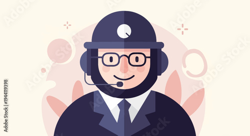 Cheerful person in headset and suit, abstract background elements