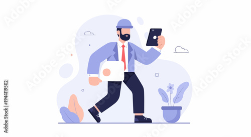 Man with tablet and briefcase walks past plant