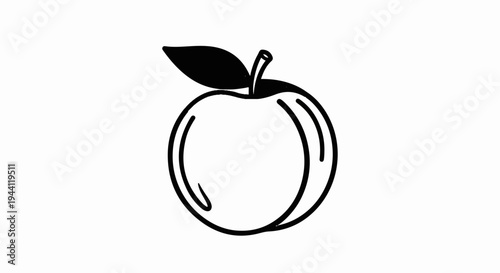 A simple black and white illustration of a whole apple with a leaf and stem